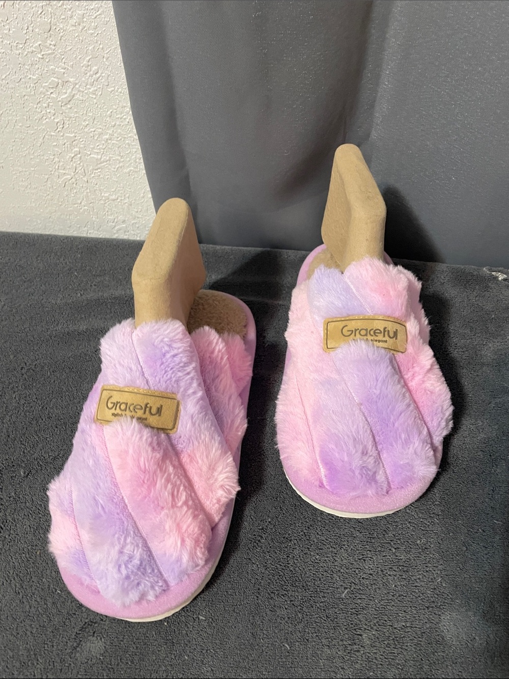 Grace Pink & Purple Fuzzy Cross-Band Slippers NWOT